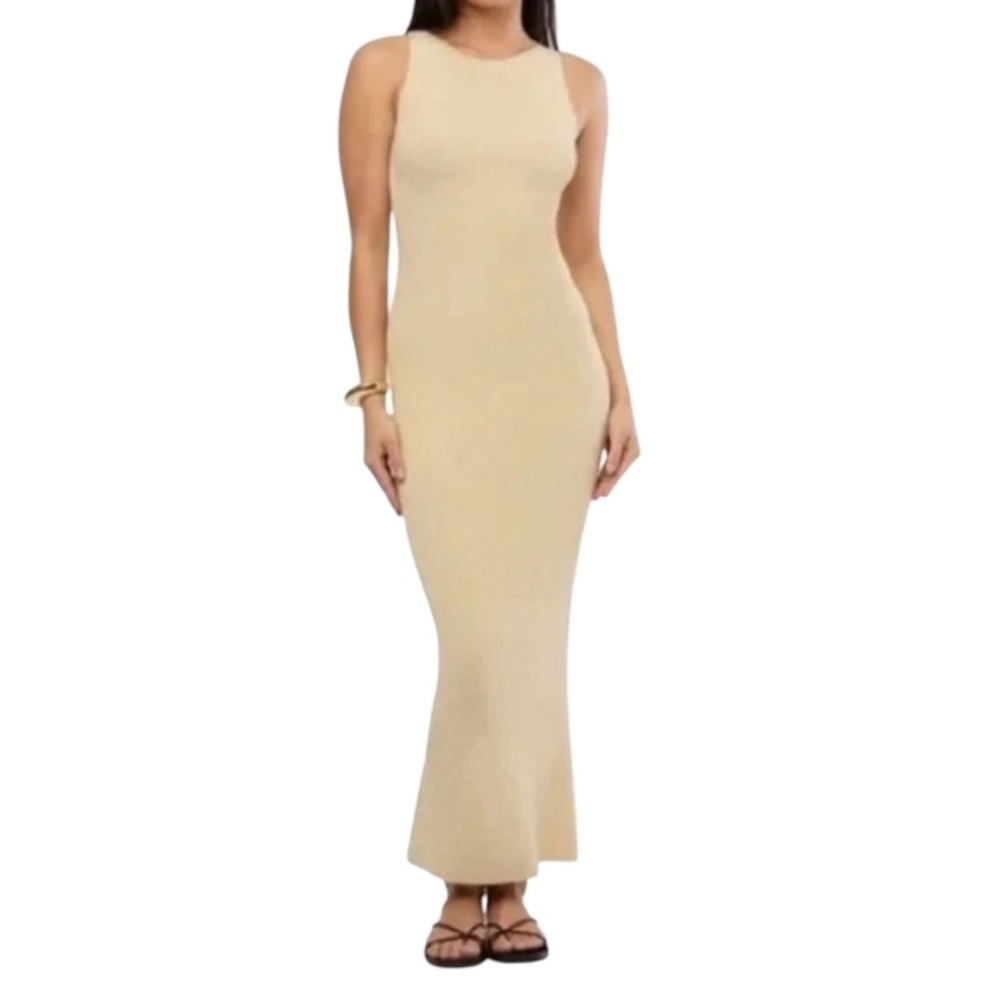 WeWoreWhat Boat Neck Sleeveless Comfy Stretchable Midi Dress In Beige - Reemoly